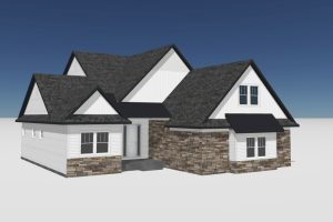 white house siding design with black shingles and black standing seam metal roof